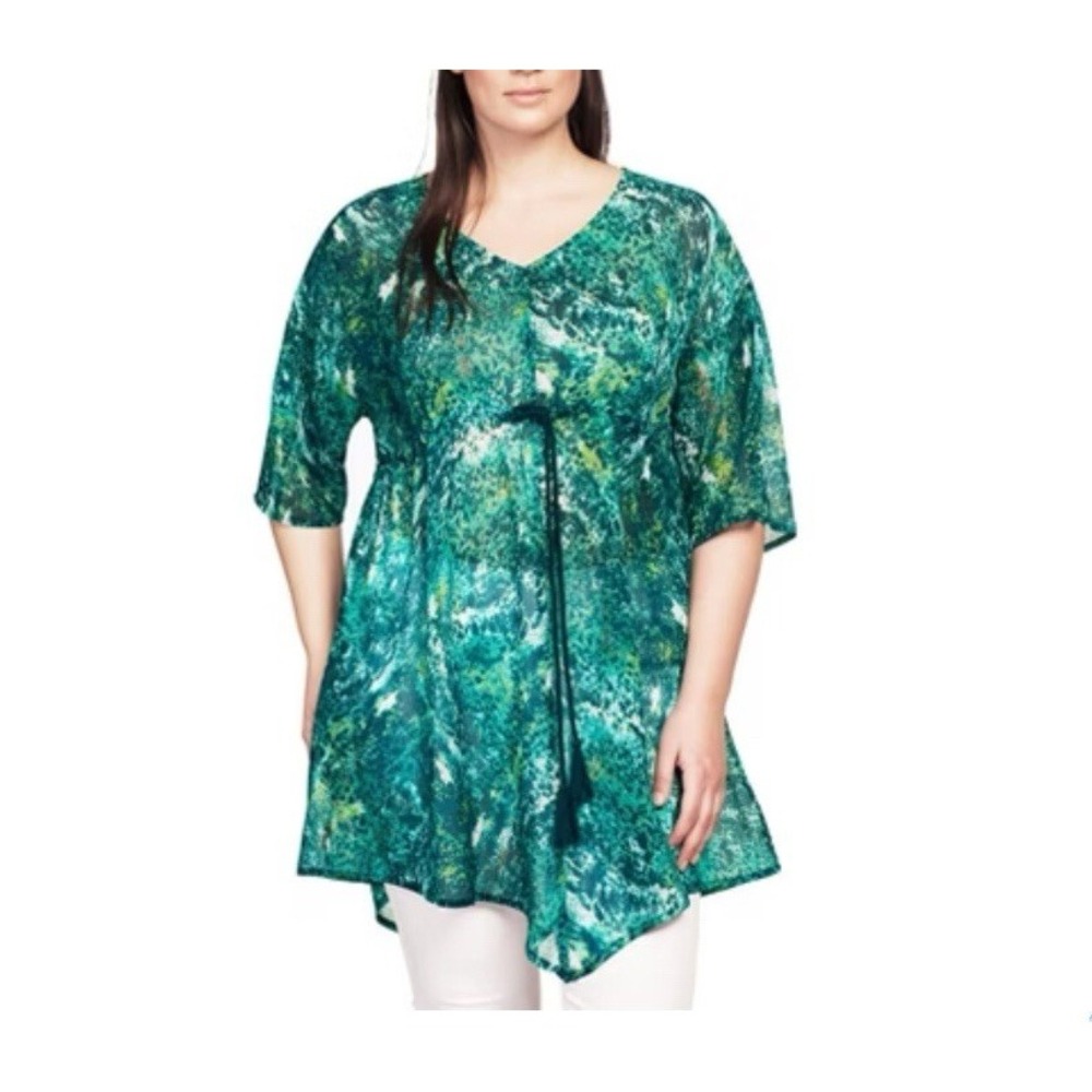 Ellos Over Sized Tie Waist Green Swim Coverup Size 4X Beach Vacation Tunic Green
